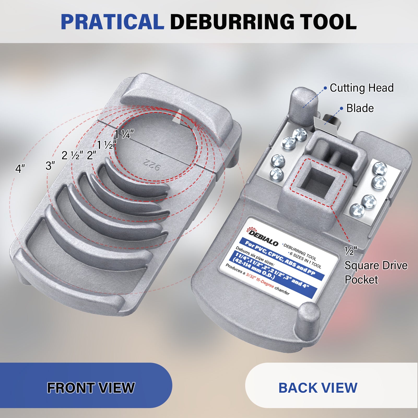 Deburring Tool for Plastic Pipe, Professional PVC Pipe Reamer Deburrs Six Pipe Sizes: 1 1/4-Inch - 4-Inch, Effective Pipe Reamer Deburring Tool for PVC Pipe Reamer w/Sharp Blade, PVC Chamfer Tool - 0