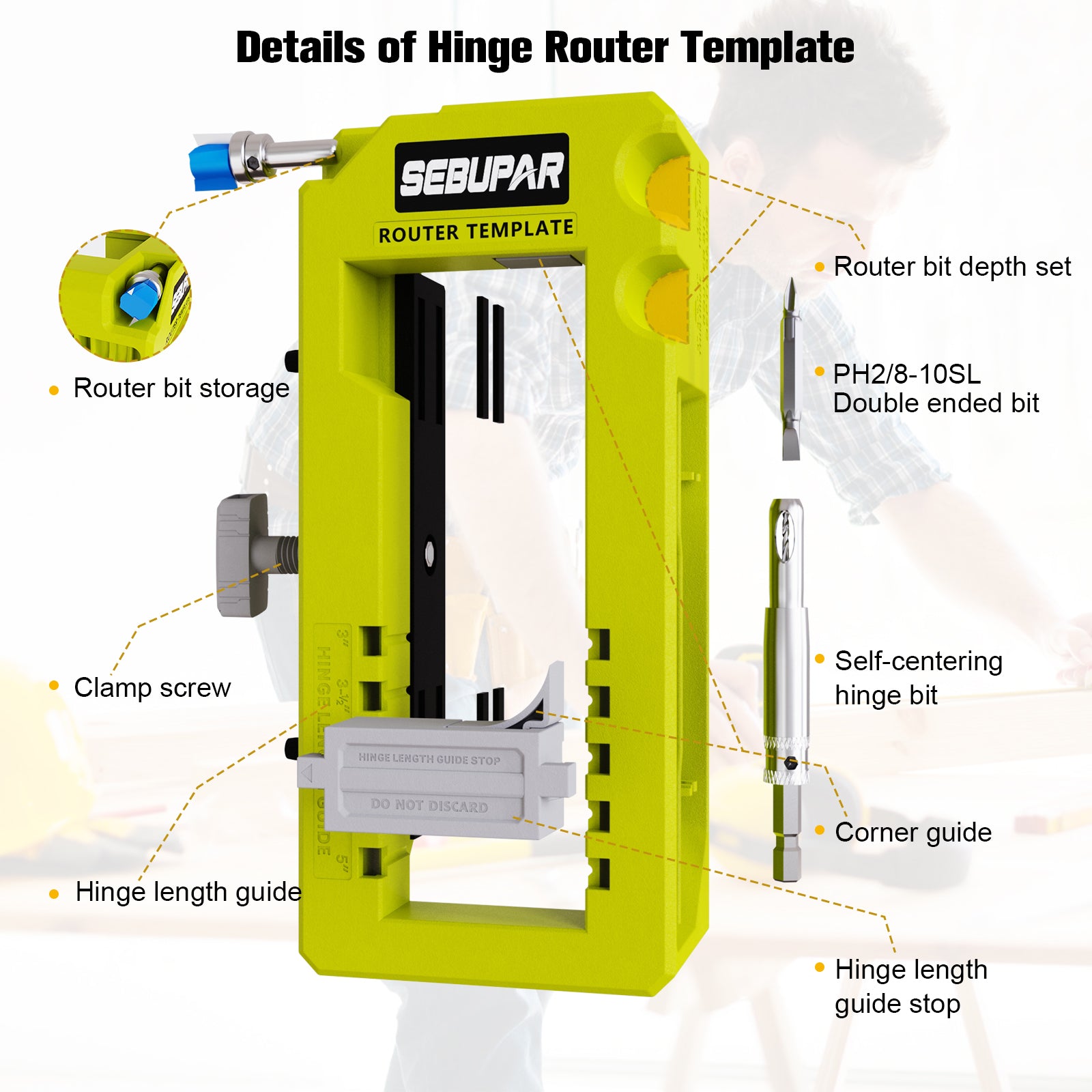 Door Hinge Jig, Door Hinge Mortiser, Hinge Installation Kit, Door Hinge Router Template Fits for Door Hinge from 3” to 5” Length and Hinge Types of Sqaure, Radius 1/4” or Radius 5/8”. - 0