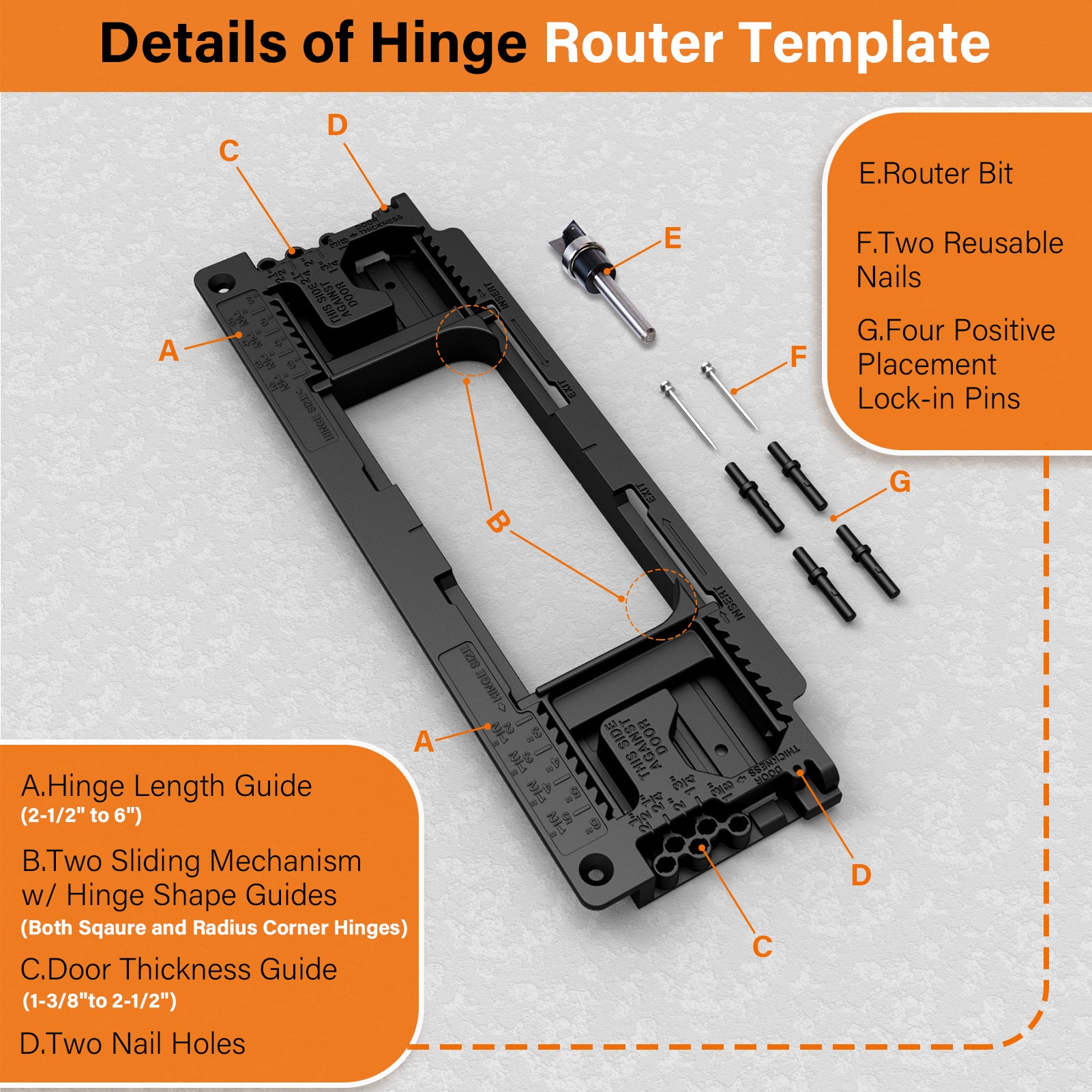 Door Hinge Jig, Door Hinge Mortiser Hinge Installation Kit, Door Hinge Jig for Door and Door Frame/Jamb, Fits for 8 Hinge Sizes from 2-1/2" to 6" and 5 Door Thickness from 1-3/8" to 2-1/2". - 0