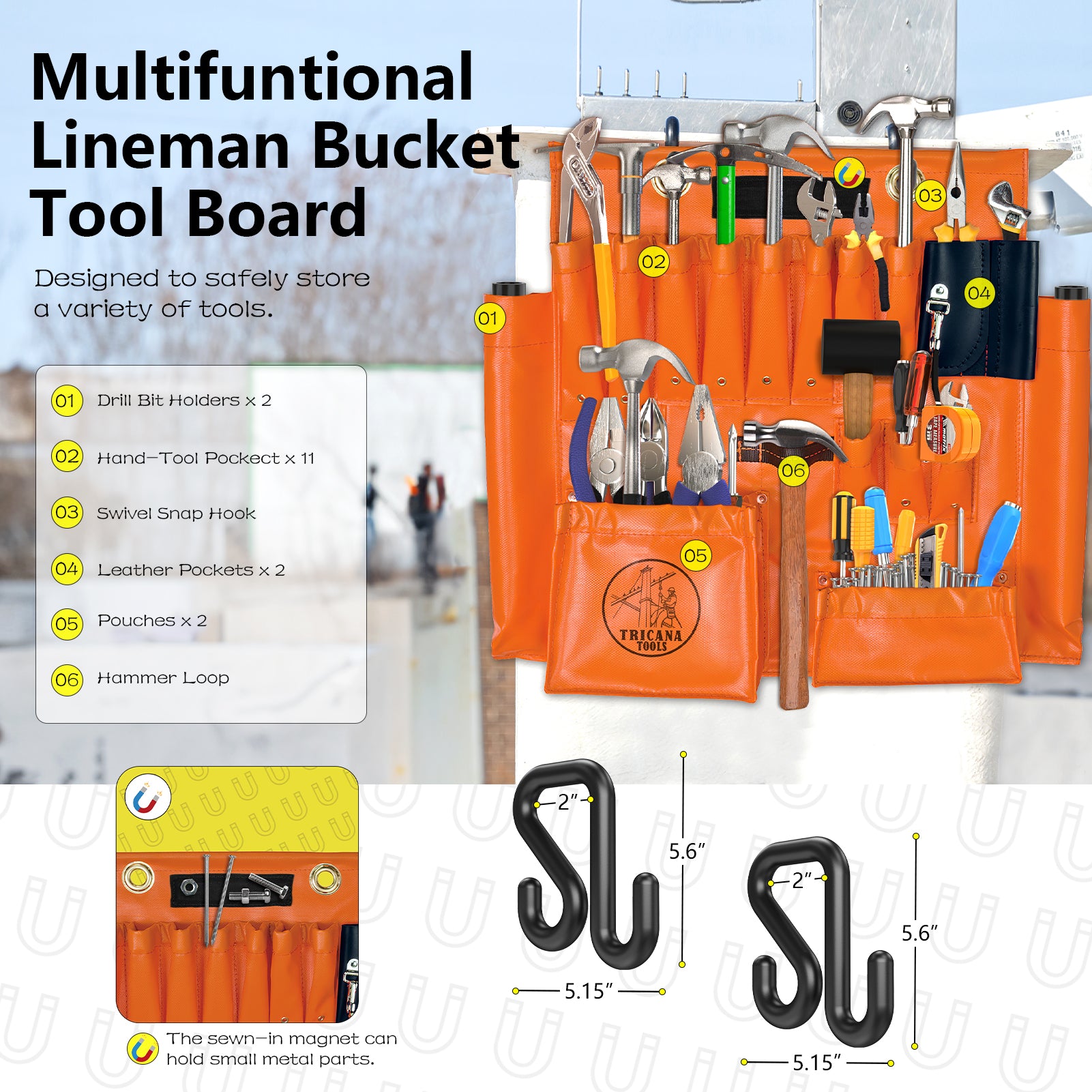 Lineman Tool Board, Aerial Apron w/Magnet, Bucket Truck Tools Organizer with over 16 Pockets and Aerial Bucket Hooks, Tool Organizer for Bucket Trucks and Lineman, Includes Two 2” Bucket Hooks - 0