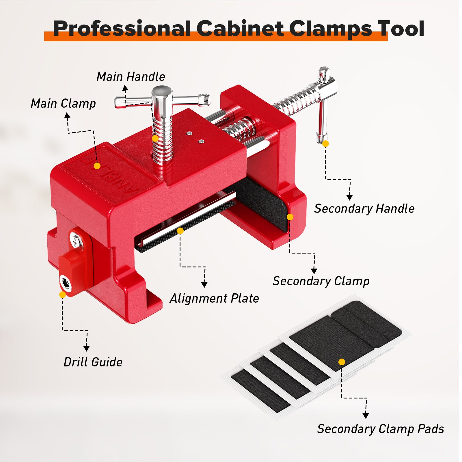 Cabinet Clamps, Cabinet Installation Clamps Cabinetry Clamps Cabinet Face Frame Clamps Cabinet Tools with Two Side Screws and Alignment Plate, 2 Pack, Red