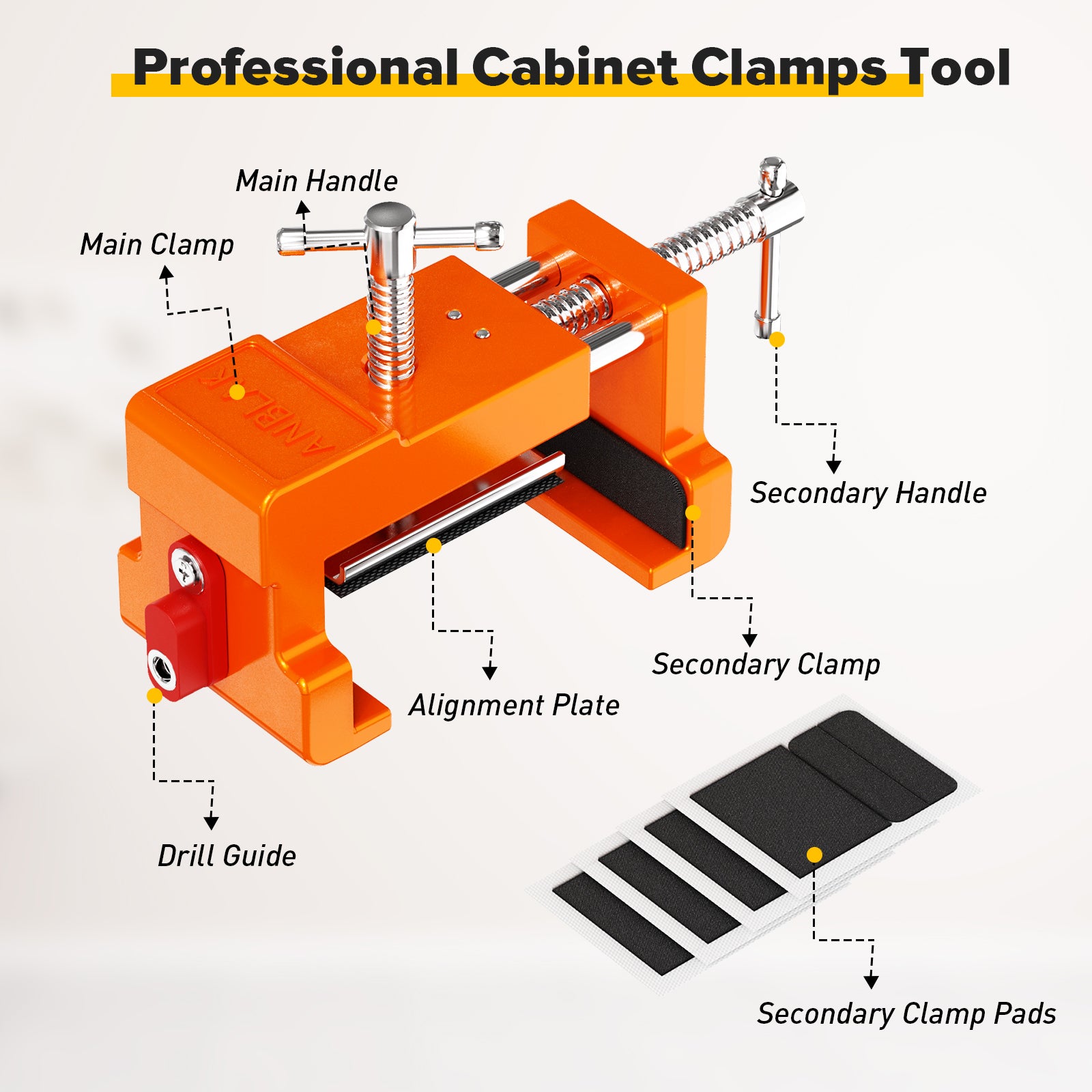 Cabinet Clamps, Cabinetry Clamps Cabinet Face Frame Clamps Cabinet Installation Clamps Cabinet Tools with Two Side Screws and Alignment Plate, 2 Pack (Orange)