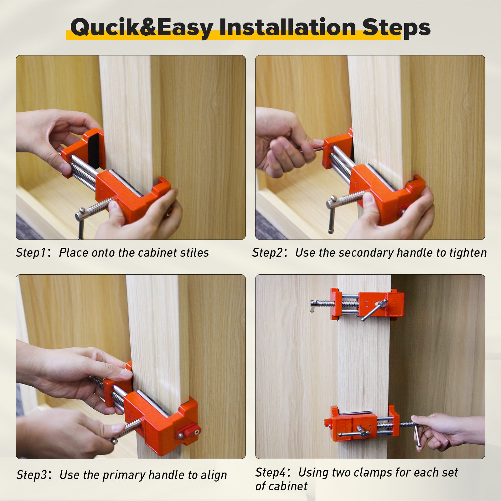 Cabinet Clamps, Cabinetry Clamps Cabinet Face Frame Clamps Cabinet Installation Clamps Cabinet Tools with Two Side Screws and Alignment Plate, 2 Pack (Orange)