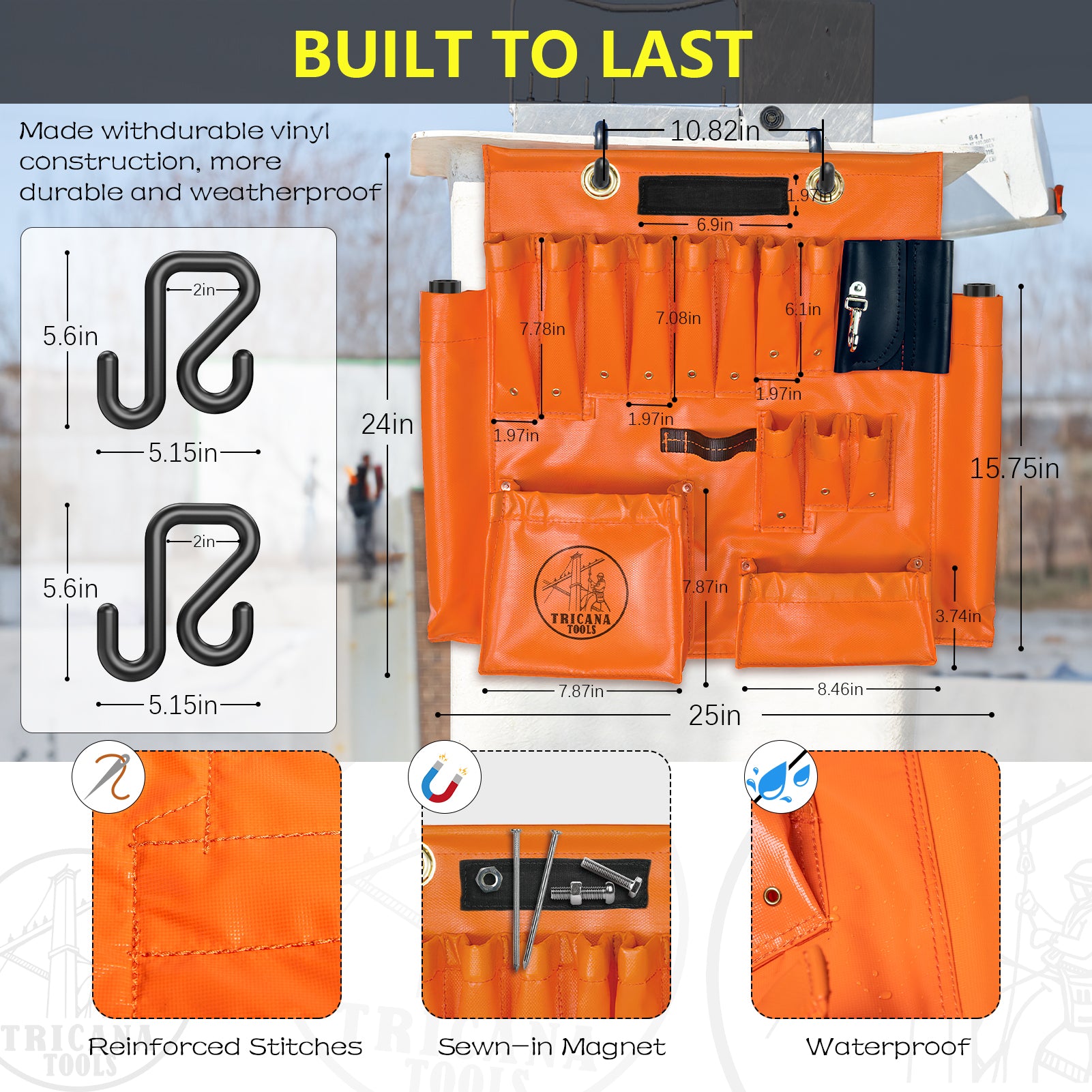 Lineman Tool Board, Aerial Apron w/Magnet, Bucket Truck Tools Organizer with over 16 Pockets and Aerial Bucket Hooks, Tool Organizer for Bucket Trucks and Lineman, Includes Two 2” Bucket Hooks