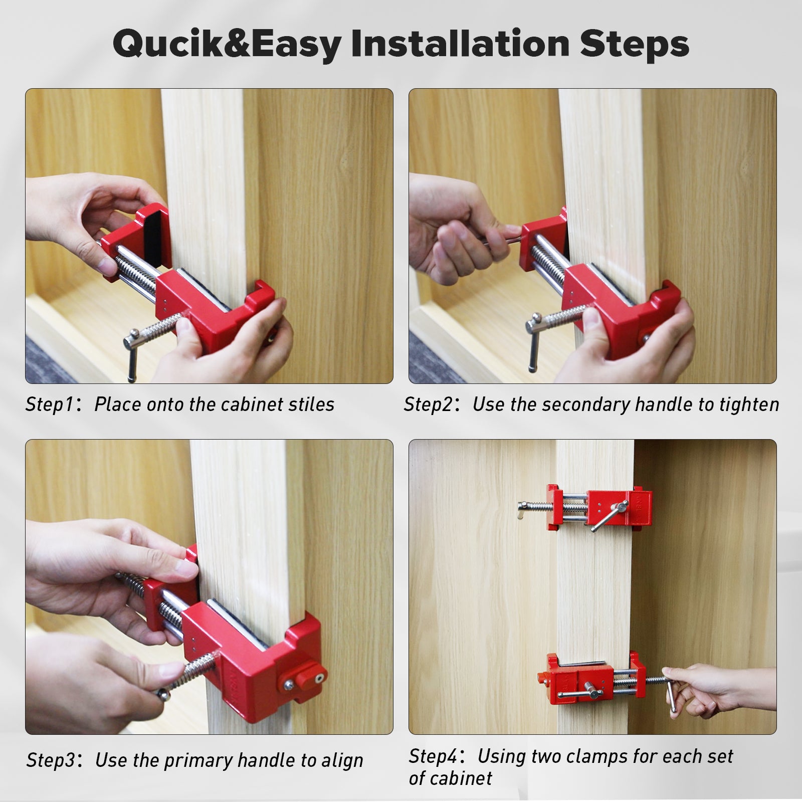 Cabinet Clamps, Cabinet Installation Clamps Cabinetry Clamps Cabinet Face Frame Clamps Cabinet Tools with Two Side Screws and Alignment Plate, 4 Pack (Red-4 Pack)