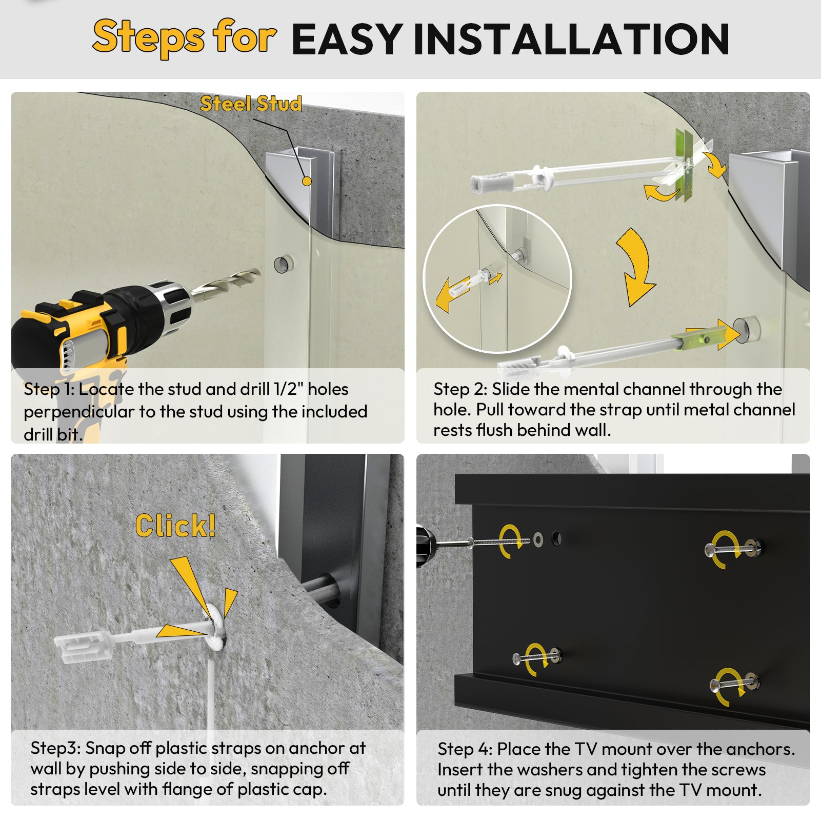 Steel Stud TV Mounting Kit, Metal Stud TV Mount Kit for Tilt & Low Profile TV, Drywall Anchors for TV Mounting Kit Includes 4 Wall Anchors (1/4”) & Bolts, Steel Drill Bit and TV Mounting Hardware