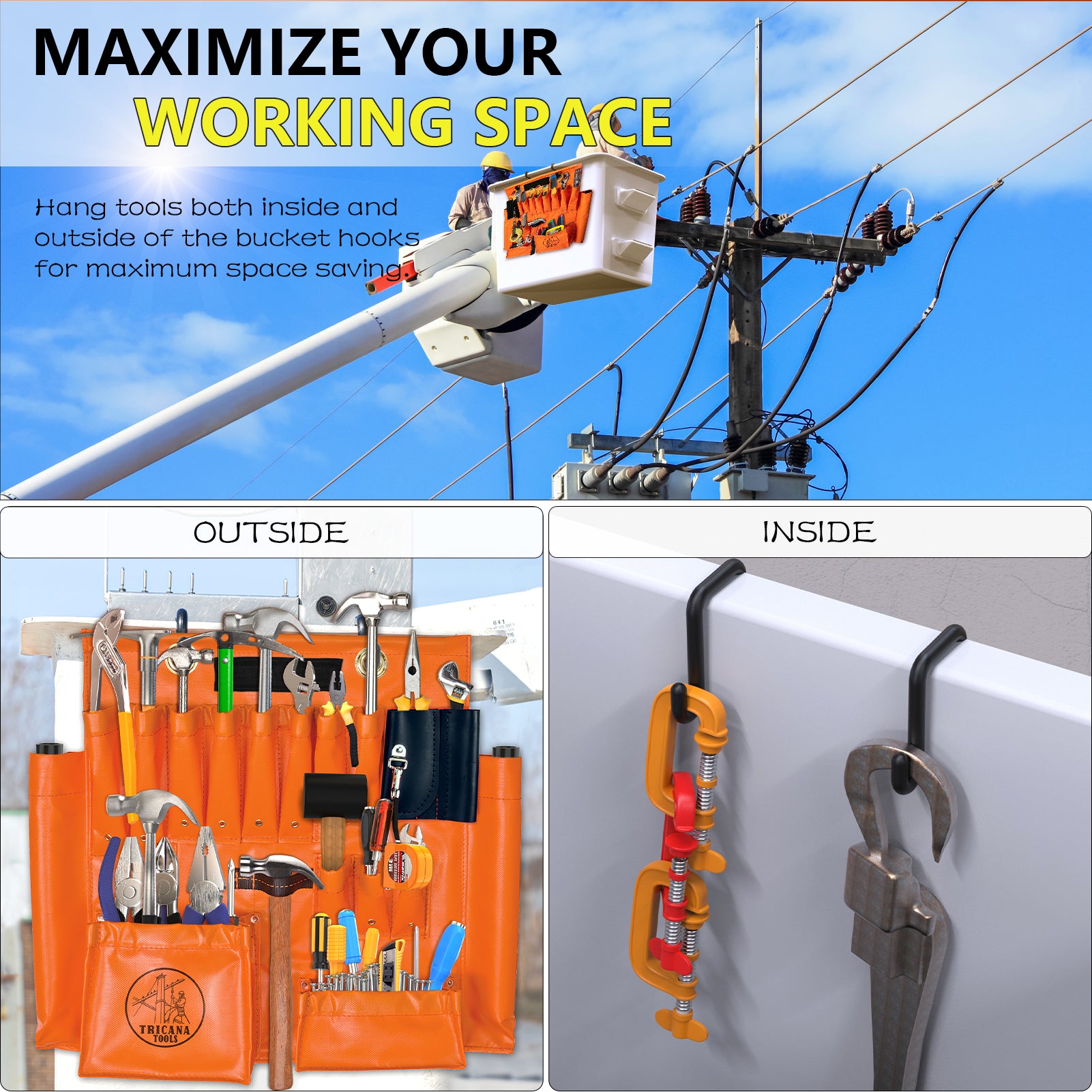 Lineman Tool Board, Aerial Apron w/Magnet, Bucket Truck Tools Organizer with over 16 Pockets and Aerial Bucket Hooks, Tool Organizer for Bucket Trucks and Lineman, Includes Two 2” Bucket Hooks