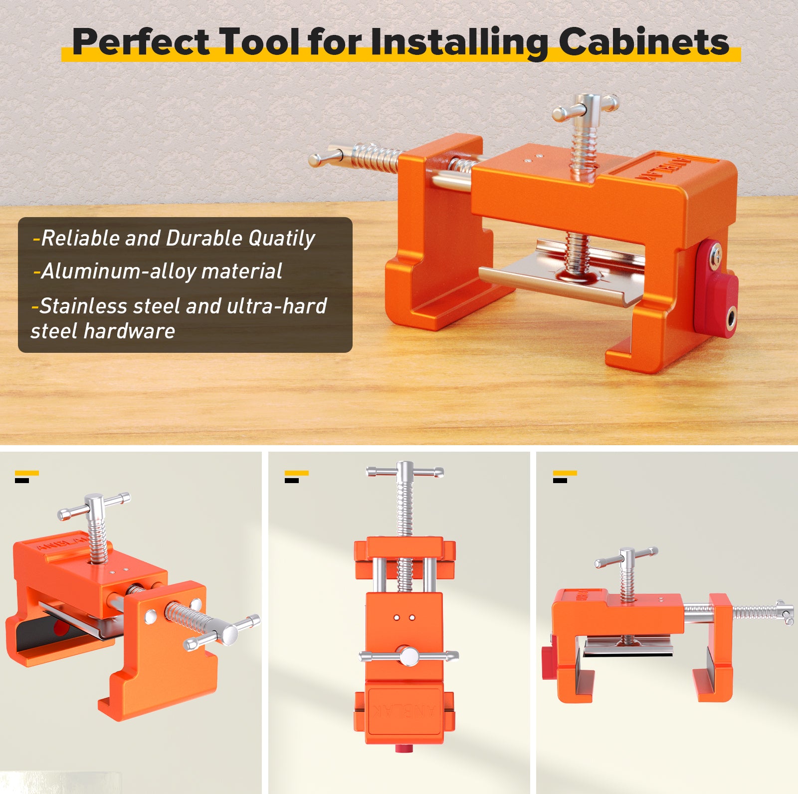 Cabinet Clamps, Cabinet Installation Clamps Cabinetry Clamps Cabinet Face Frame Clamps Cabinet Tools with Two Side Screws and Alignment Plate, 4 Pack (Orange-4 Pack)