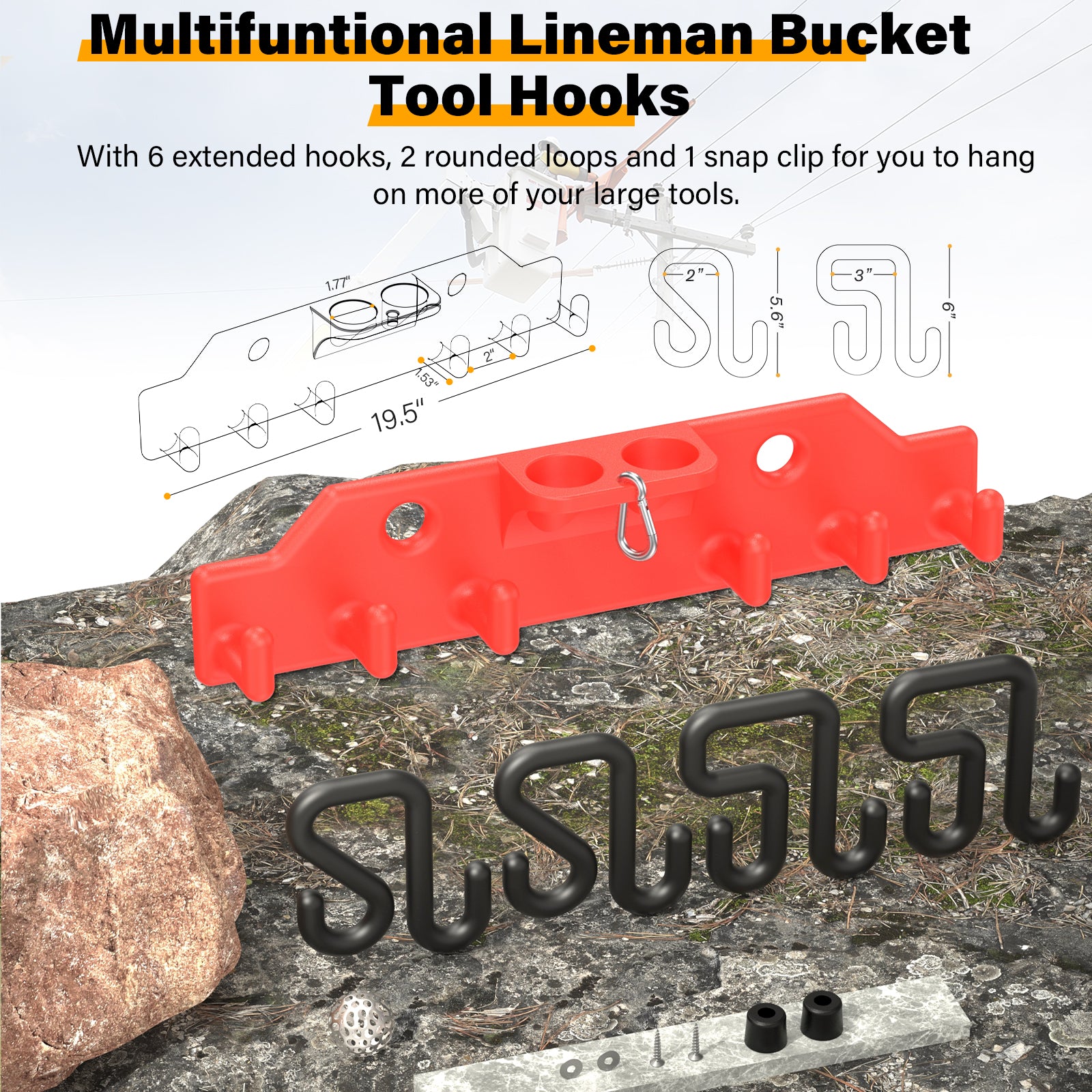 Lineman Tool Board, Bucket Truck Hooks Organizer, Line Work Bucket Accessories,Tool Organizer for Bucket Trucks and Lineman, Including Two 3” Aerial Bucket Hooks and Two 2” Aerial Bucket Hooks. - 0