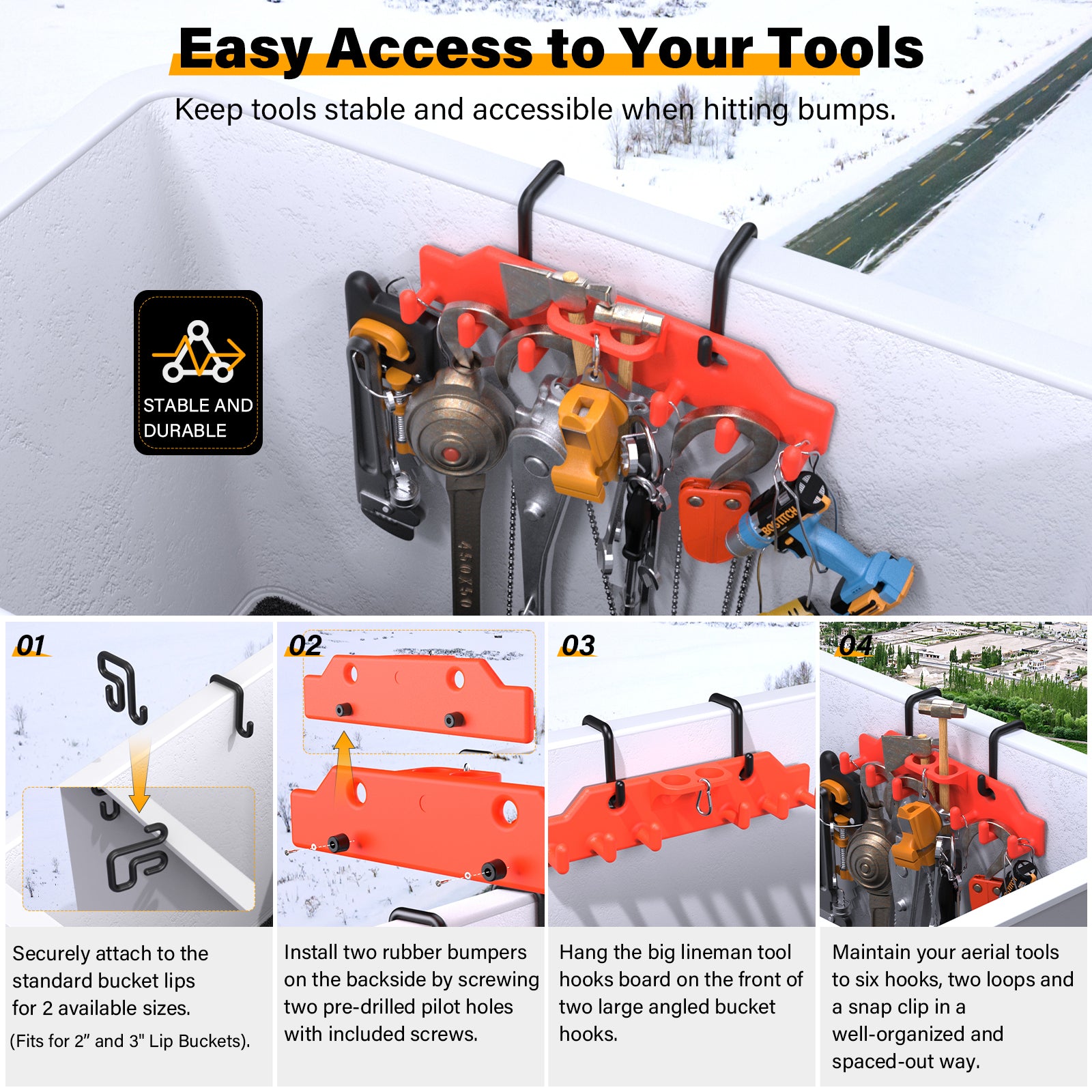 Lineman Tool Board, Bucket Truck Hooks Organizer, Line Work Bucket Accessories,Tool Organizer for Bucket Trucks and Lineman, Including Two 3” Aerial Bucket Hooks and Two 2” Aerial Bucket Hooks.