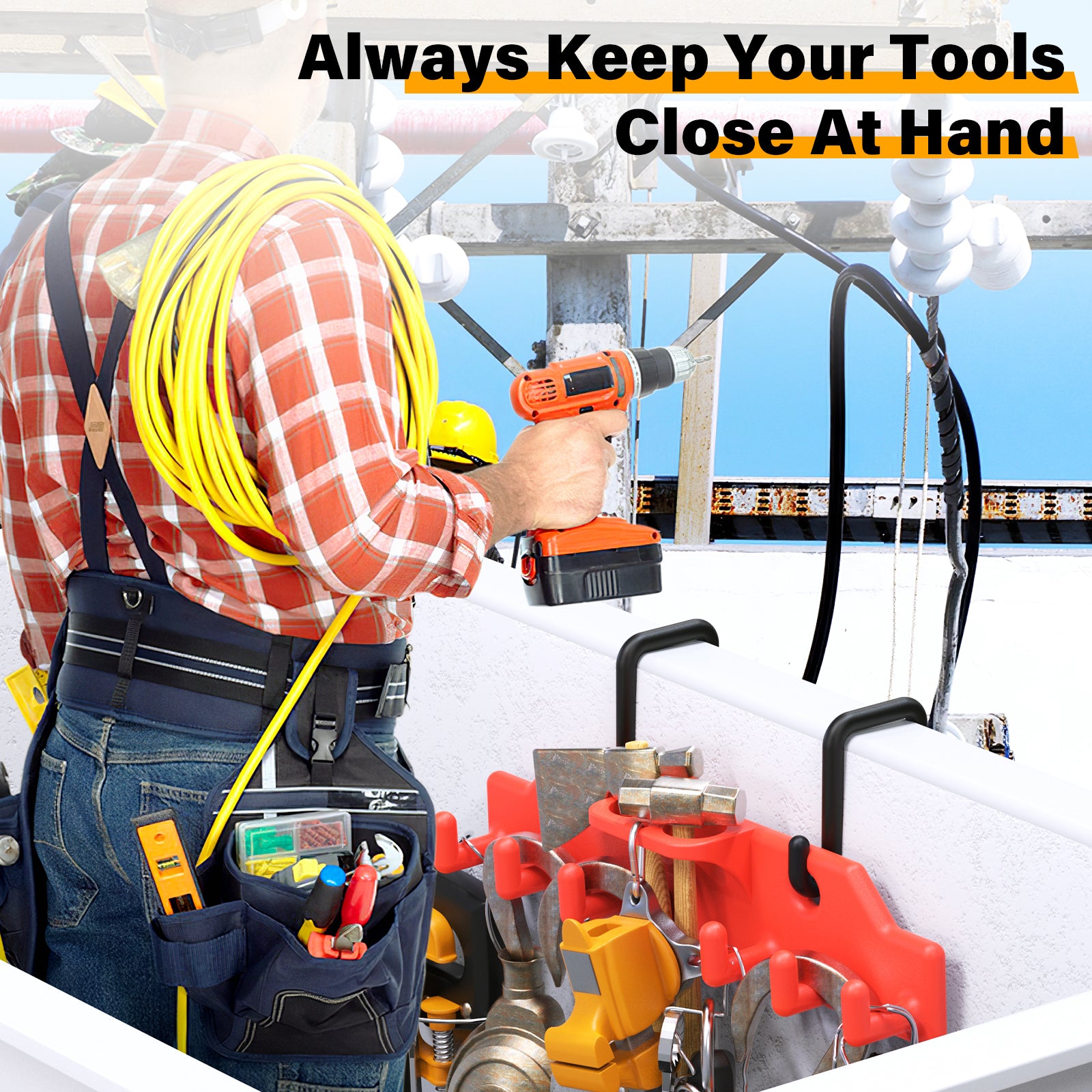 Lineman Tool Board, Bucket Truck Hooks Organizer, Line Work Bucket Accessories,Tool Organizer for Bucket Trucks and Lineman, Including Two 3” Aerial Bucket Hooks and Two 2” Aerial Bucket Hooks.