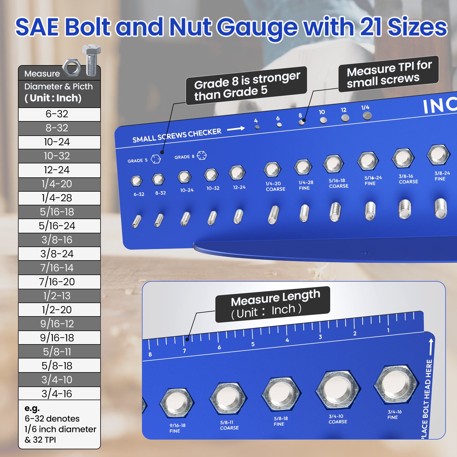 SAE and Metric Bolt Gauges, Nut and Bolt Thread Checker, Bolt and Nut Identifier Gauge with 21 Standard&14 Metric, Industrial Grade Precision, Wall-Hanging, Thread Gauge for Mechanic/DIY Enthusiasts - 0