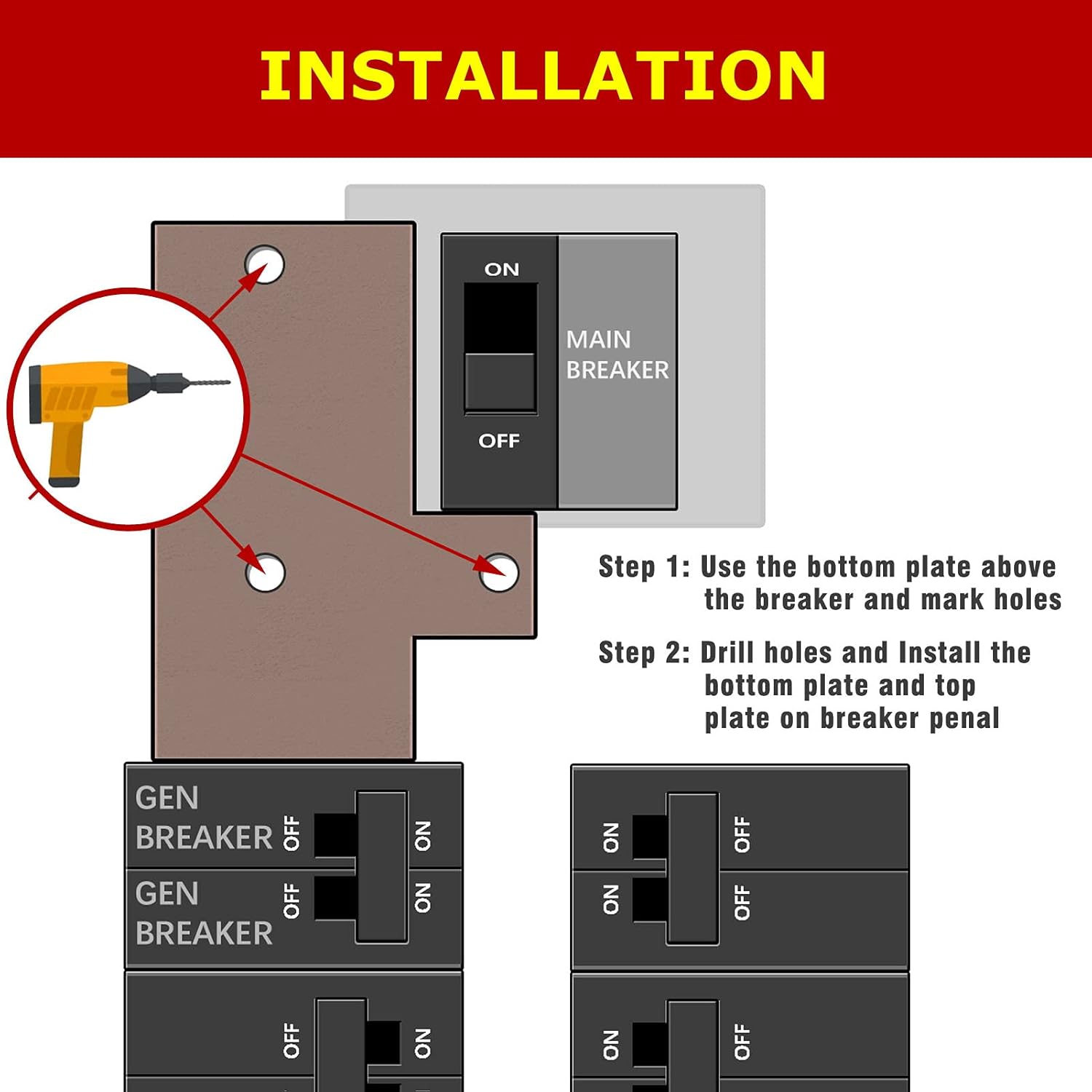 Generator Interlock Kit compatible with GE General Electeric breaker panels with single vertical throw main, 2 1/2 inch Spacing between main and branch breaker