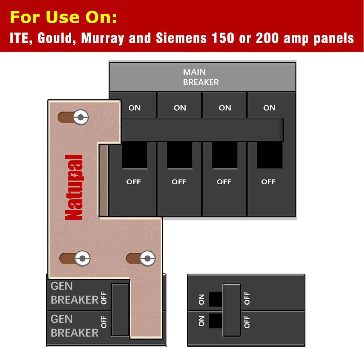 Generator Interlock Kit Compatible with ITE, Gould, Murray, Siemens, and Thomas and Betts, 150 or 200 amp panels, 1 1/4 Inch Spacing between main and generator breaker