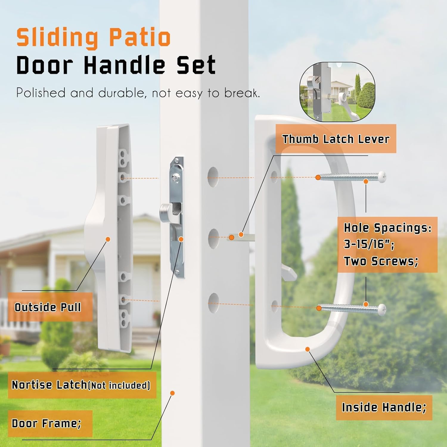 Sliding Door Handle, Non-Keyed Sliding Patio Door Handle Set with Latch for 3-15/16” Hole Spacing for Mortise Style Locks, Non-Handed, Sliding Glass Door Handles Replacement, White