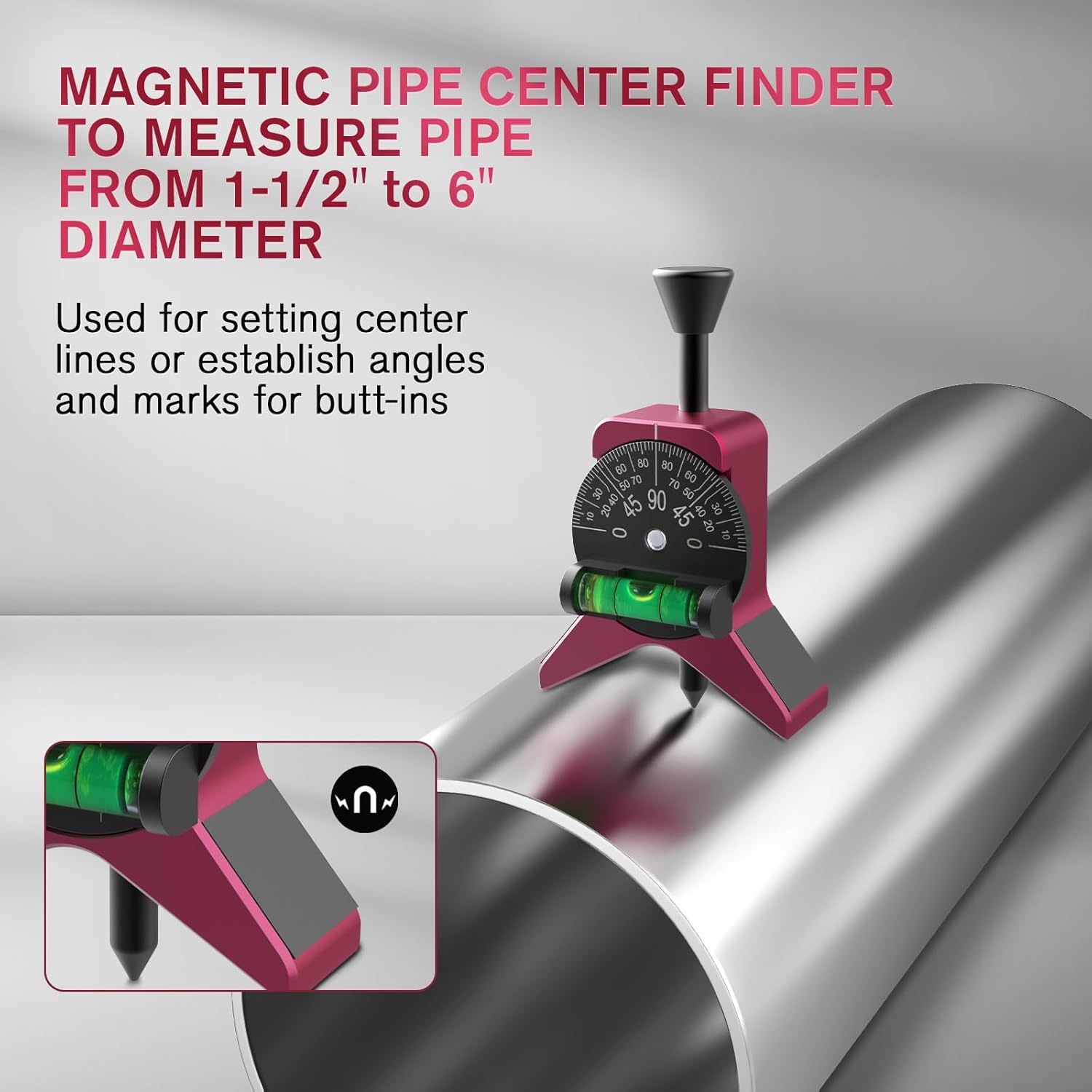 Pipe Center Finder, Pipefitter Tools w/Magnetic Centering Head, Pipe Fitting Tools Center Finder to Measure Pipe Diameter from 1-1/2" to 6" Diameter, 2.75" Y-Shape w/Adjustable Dial Bubble Protractor - 0