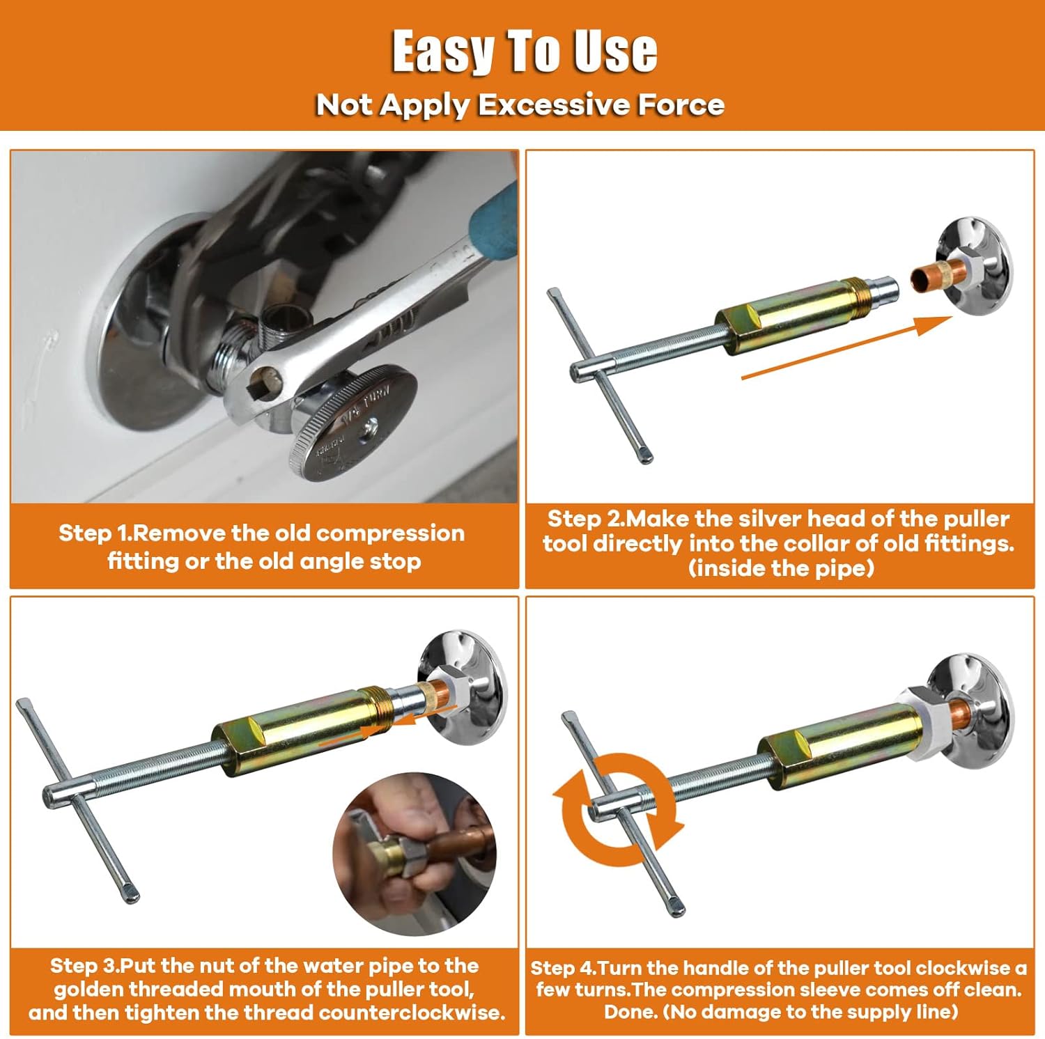 Compression Sleeve Puller Tool Remove Nut & Ferrule Of Pipe 03943, Sleeve Remover For 1/2” Compression Fittings Only, Corroded & Frozen Supply Stops, Plumbing Tools Compression Ring Removal Tool - 0