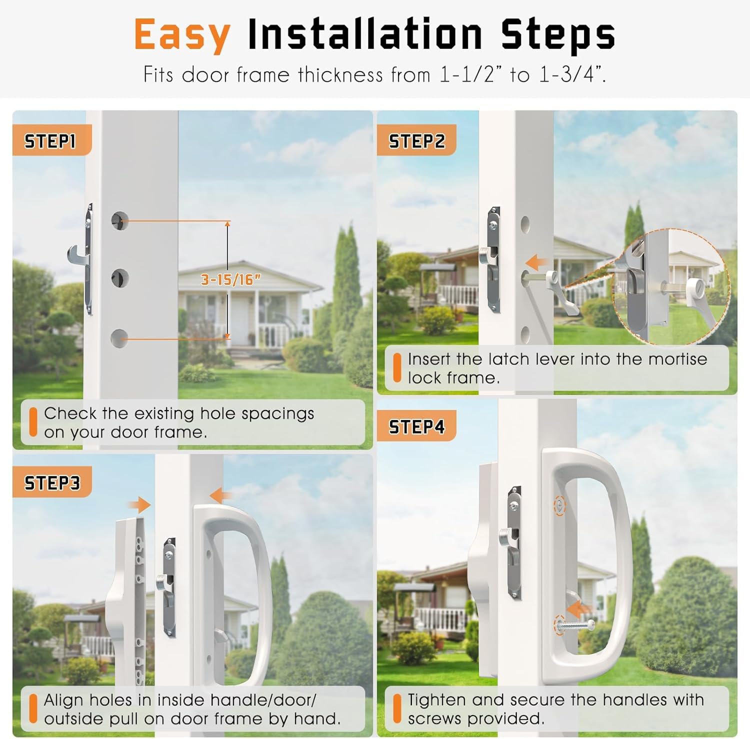 Sliding Door Handle, Non-Keyed Sliding Patio Door Handle Set with Latch for 3-15/16” Hole Spacing for Mortise Style Locks, Non-Handed, Sliding Glass Door Handles Replacement, White