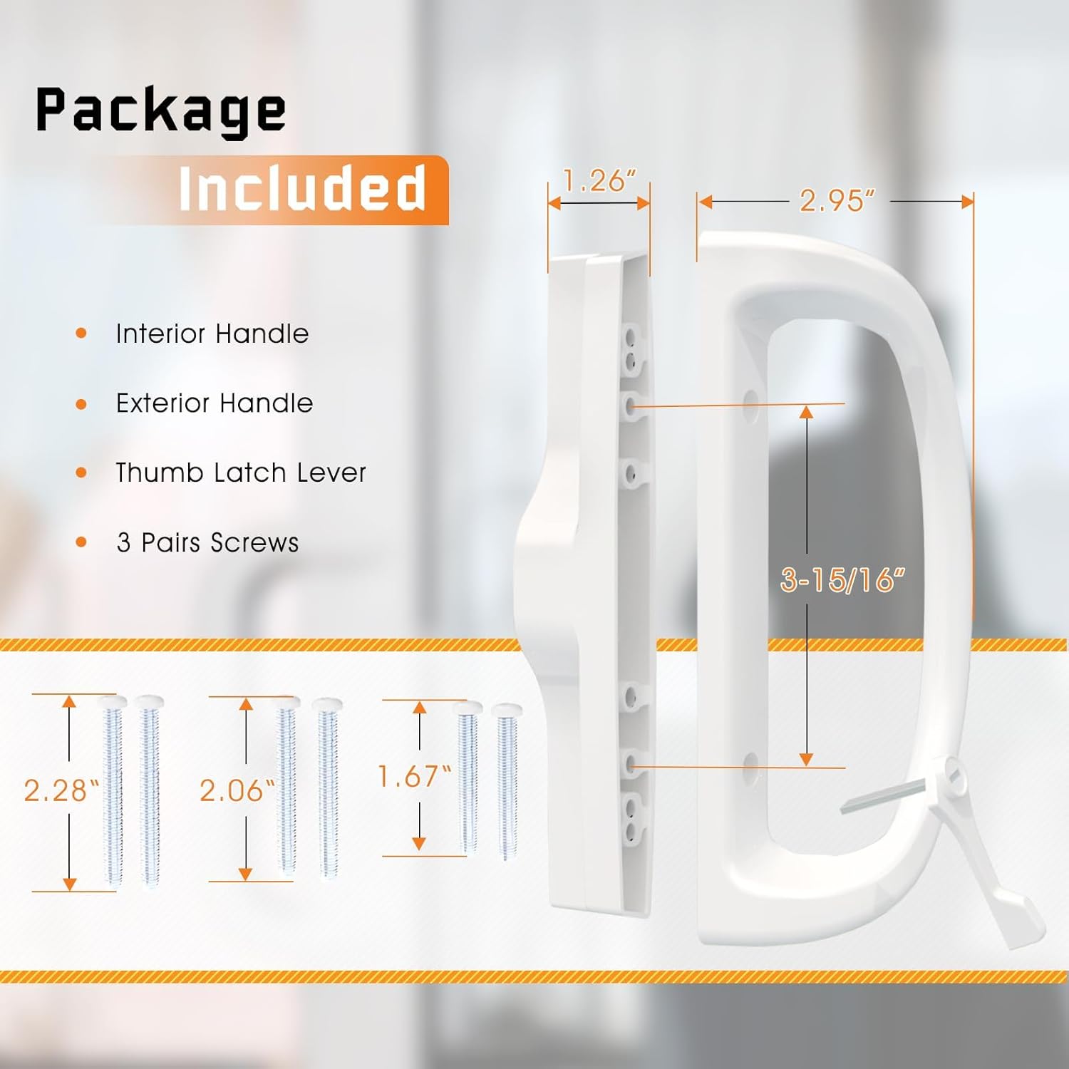 Sliding Door Handle, Non-Keyed Sliding Patio Door Handle Set with Latch for 3-15/16” Hole Spacing for Mortise Style Locks, Non-Handed, Sliding Glass Door Handles Replacement, White