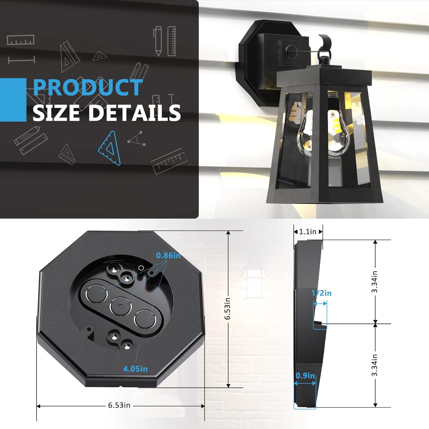 Siding Mounting Block, Siding Mounting Kit with Built-in Electrical Box, Vertical Siding Lamps Mounting Plate Siding Light Blocks for 1/2 inch Lap Siding, Black - 0