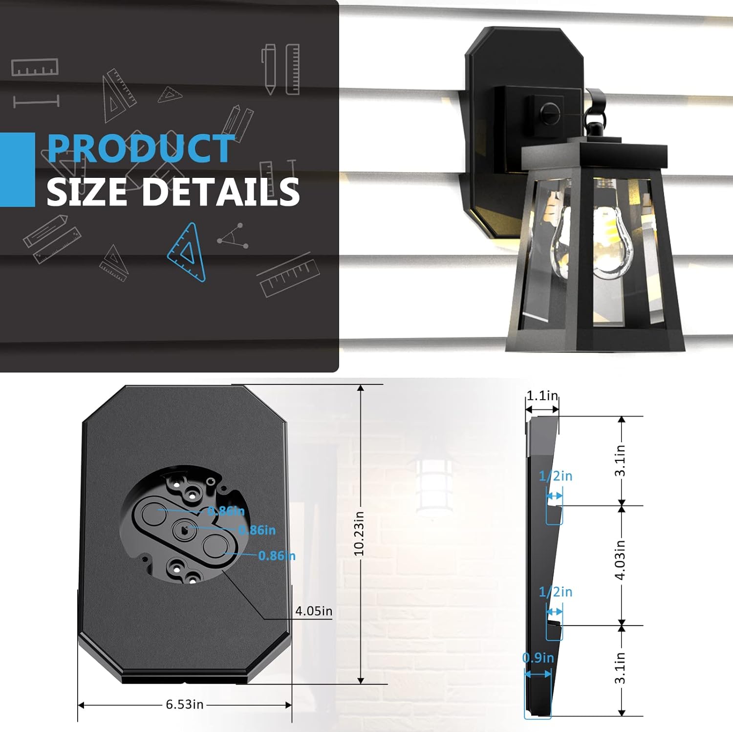 Siding Mounting Kit, Siding Mounting Block, Outdoor Siding Light Mounting Block with Built-in Electrical Box, Siding Mounting Plate for 1/2 inch Lap Double and 4 inch Siding, Black - 0