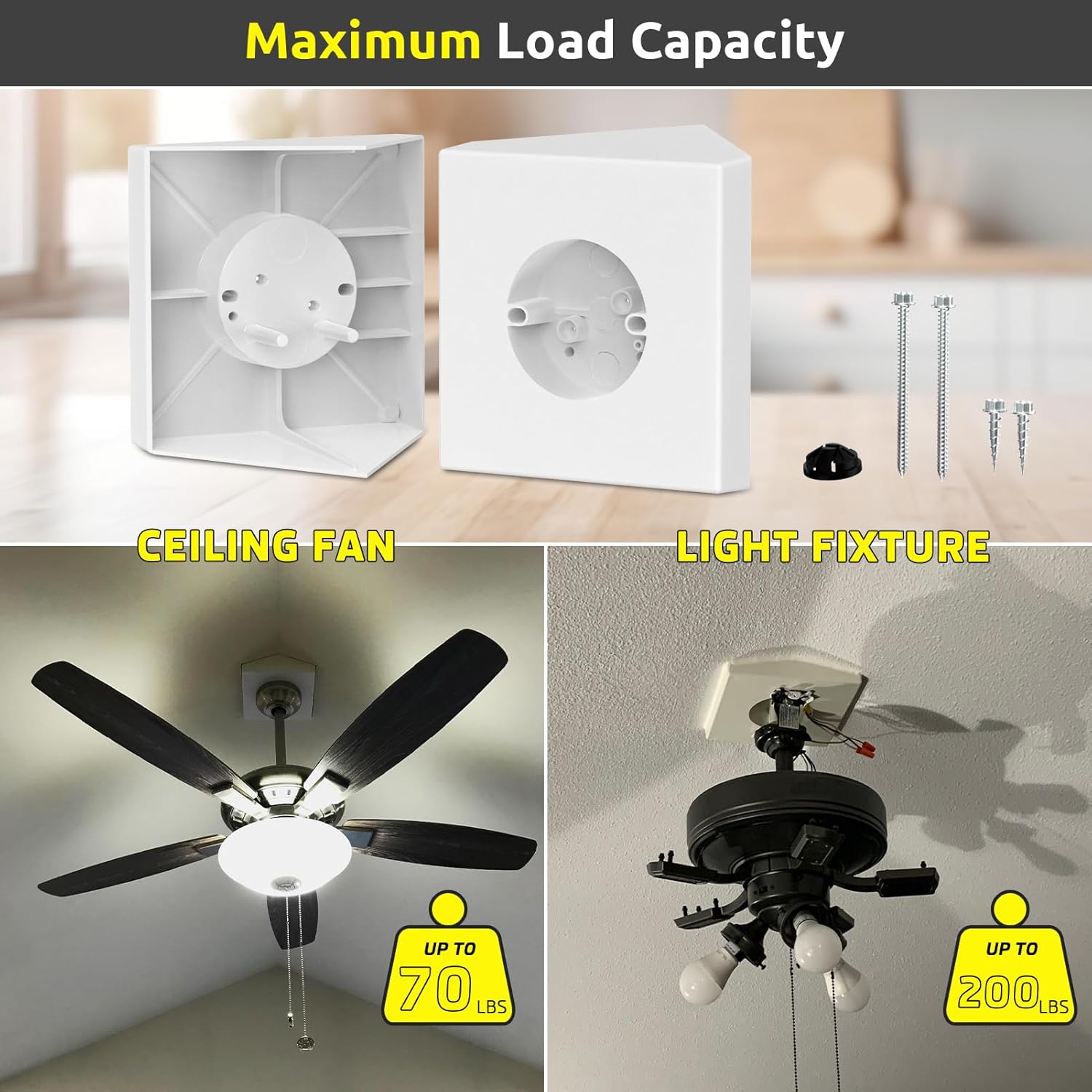 Fan Mounting Box, Ceiling Fan Mounting Bracket, Ceiling Fan Mounting Box, Ceiling Fan Mounting Kit, Fan Mounting Bracket, Fits cathedral Ceiling Angles of 80° or Up, White,1-Pack