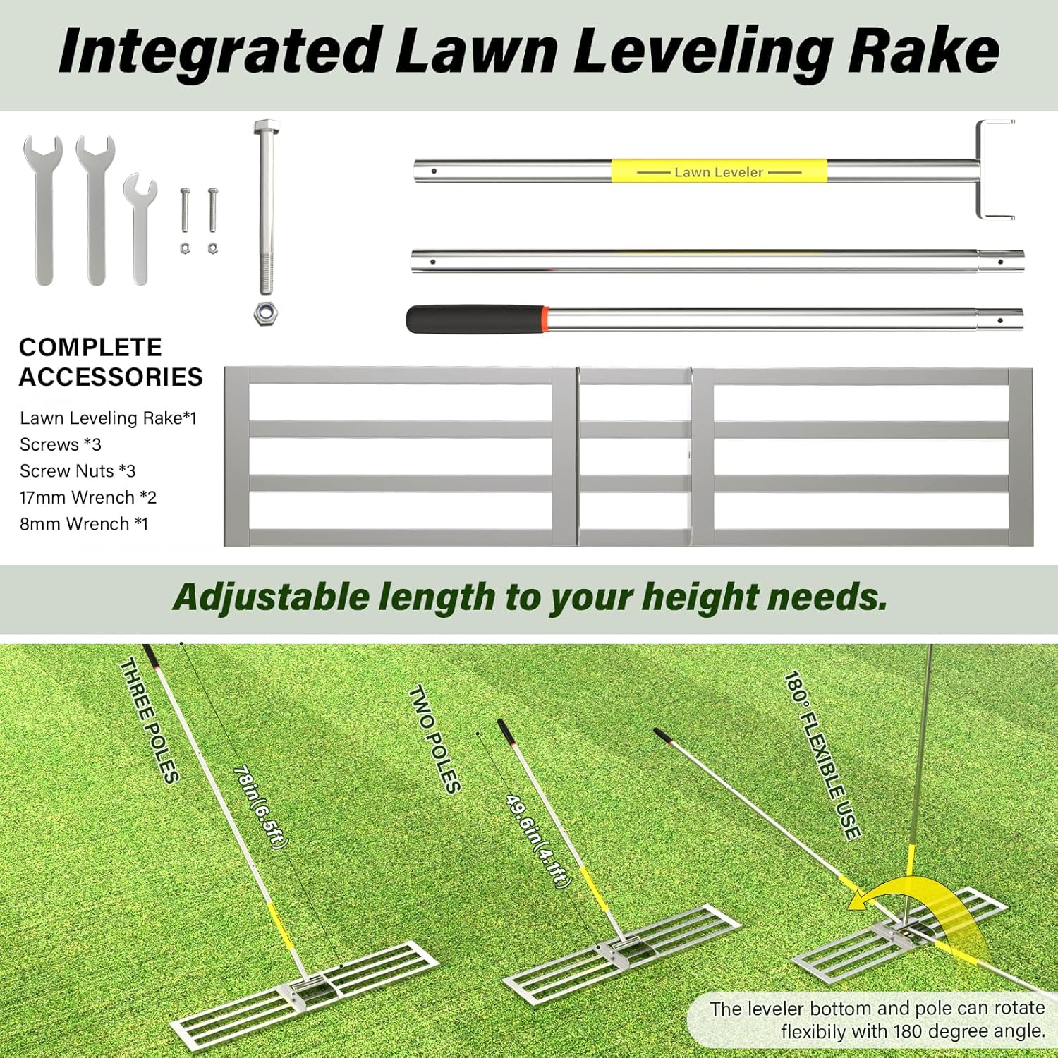 Lawn Leveling Rake, 48 x 10 inch Leveler Rake with Adjustable Stainless Steel Handle, Level Tool for Soil Handle Yard, Garden, Golf Leveling, 6.5FT-48