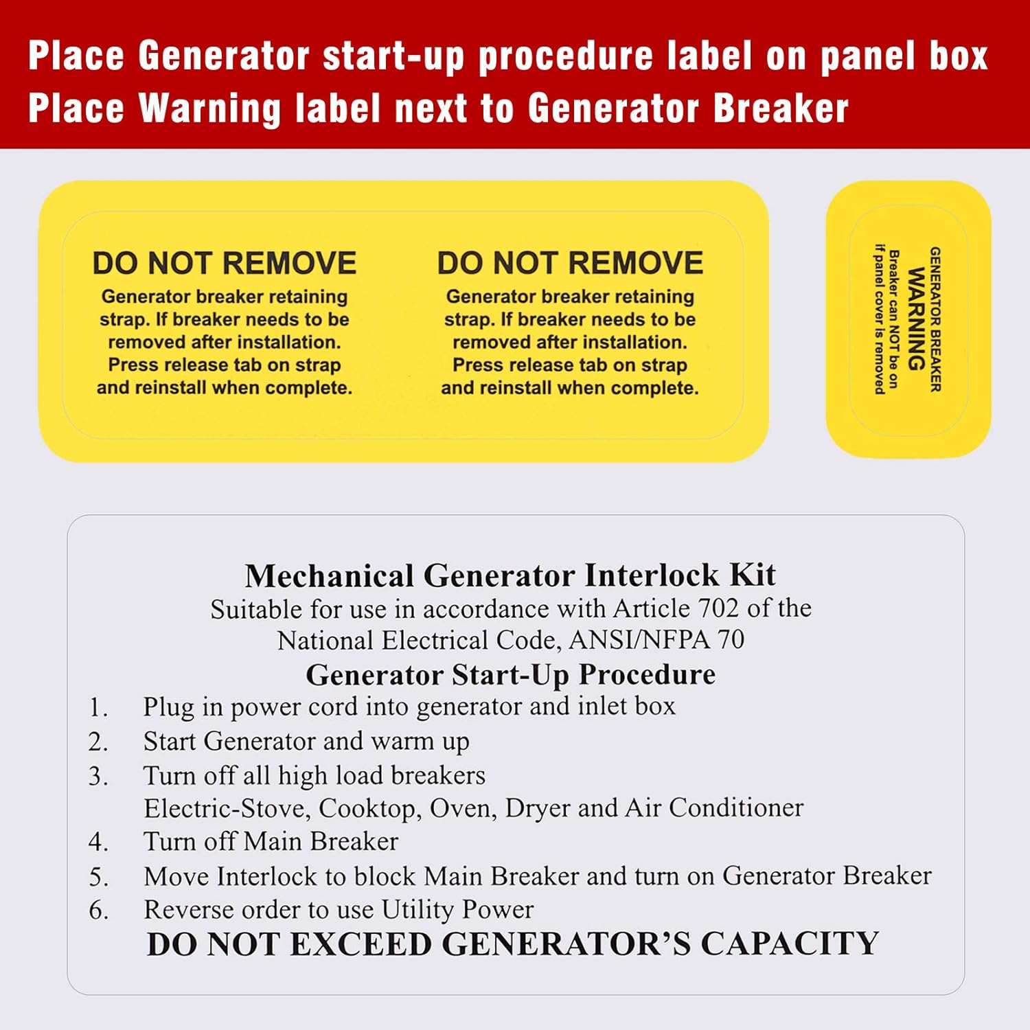 Generator Interlock Kit compatible with GE General Electeric breaker panels with single vertical throw main, 2 1/2 inch Spacing between main and branch breaker