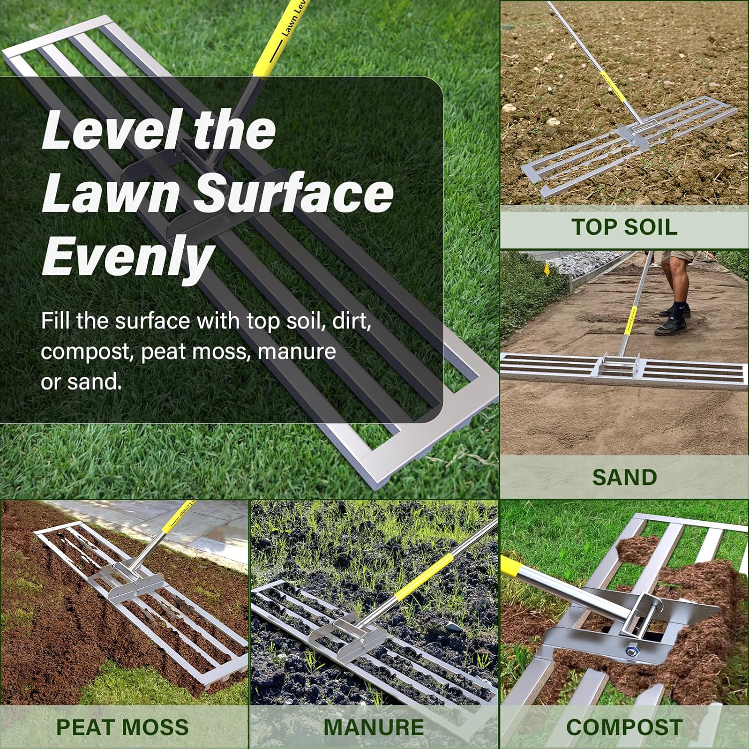 Lawn Leveling Rake, 48 x 10 inch Leveler Rake with Adjustable Stainless Steel Handle, Level Tool for Soil Handle Yard, Garden, Golf Leveling, 6.5FT-48